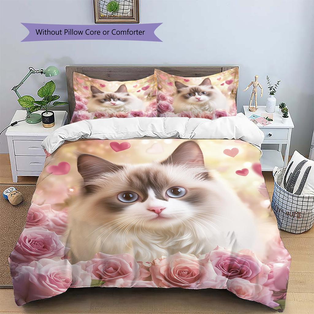 Ragdoll Cat and Fresh Flowers Pattern Bedding Home Decoration Birthday Gift (1 * Duvet Cover + 2 * Pillowcase, Without Core)