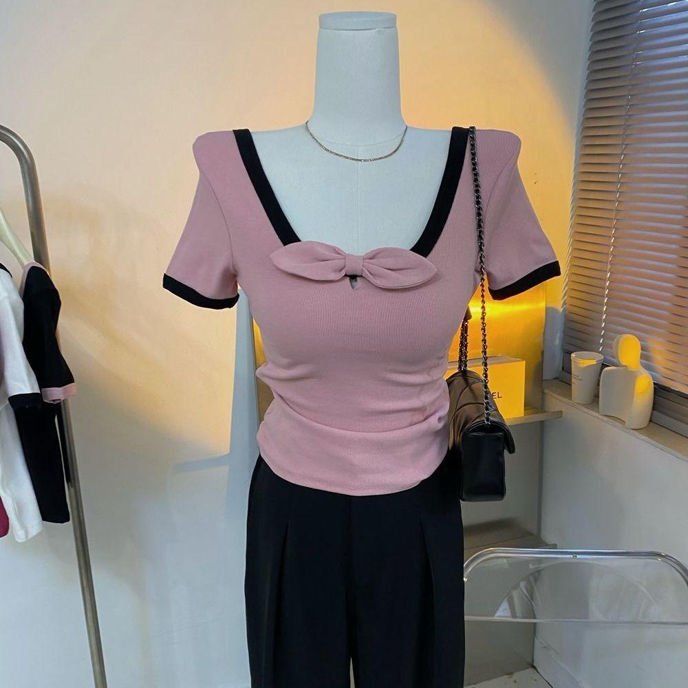 

Low U-neck Large Collar Ribbed Cotton Short-sleeved T-shirt for Women s Summer New Color-contrast Reversible Tops XXL чорний