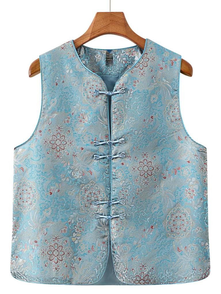Elegant Jacquard Frog Button Vest for Middle-Aged and Elderly Mothers, Sleeveless, Versatile Spring Collection