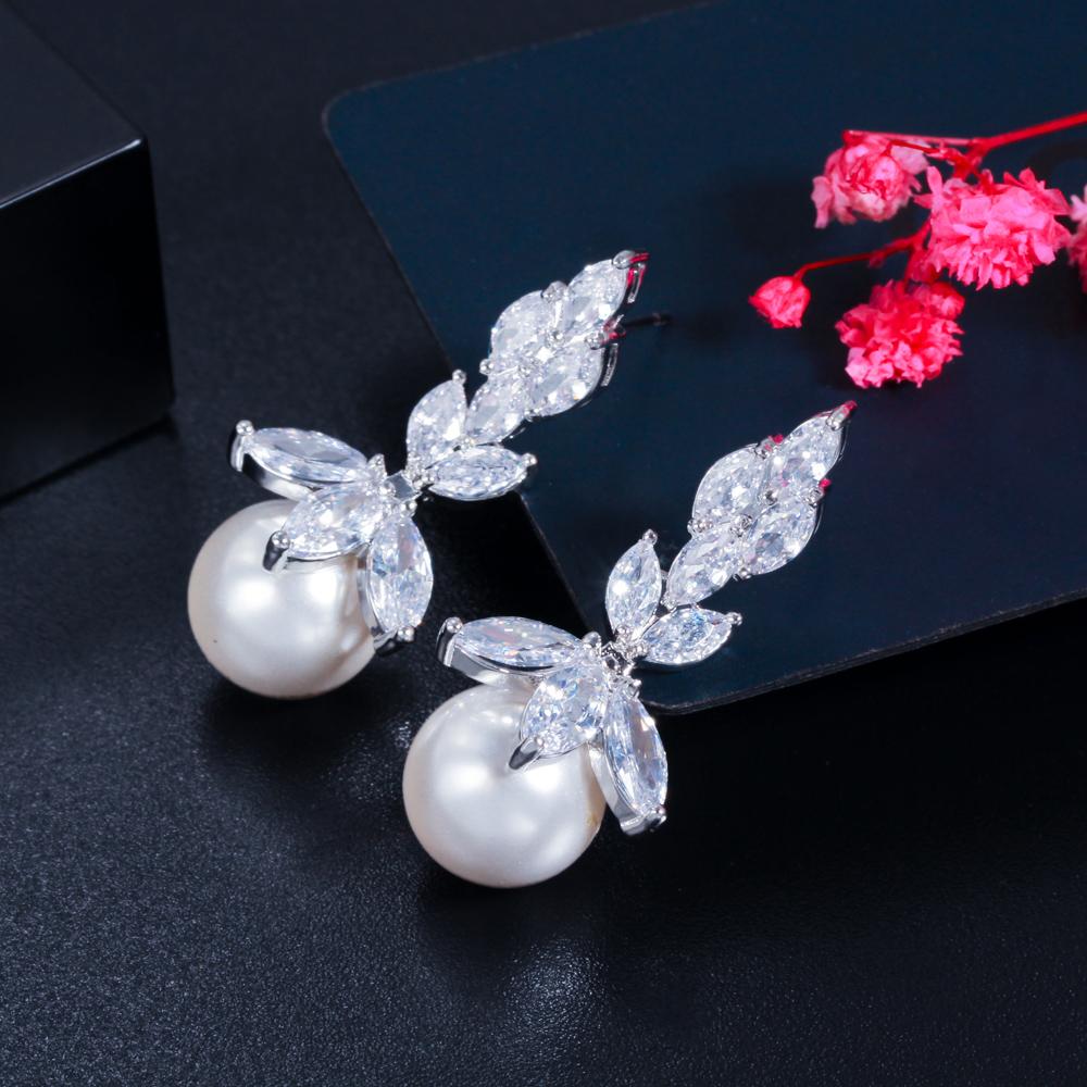 Ircons Top Quality Bling Marquise Cut Cubic Zirconia Stone Big Wedding Party Pearl Drop Earrings Jewelry for Women CZ131
