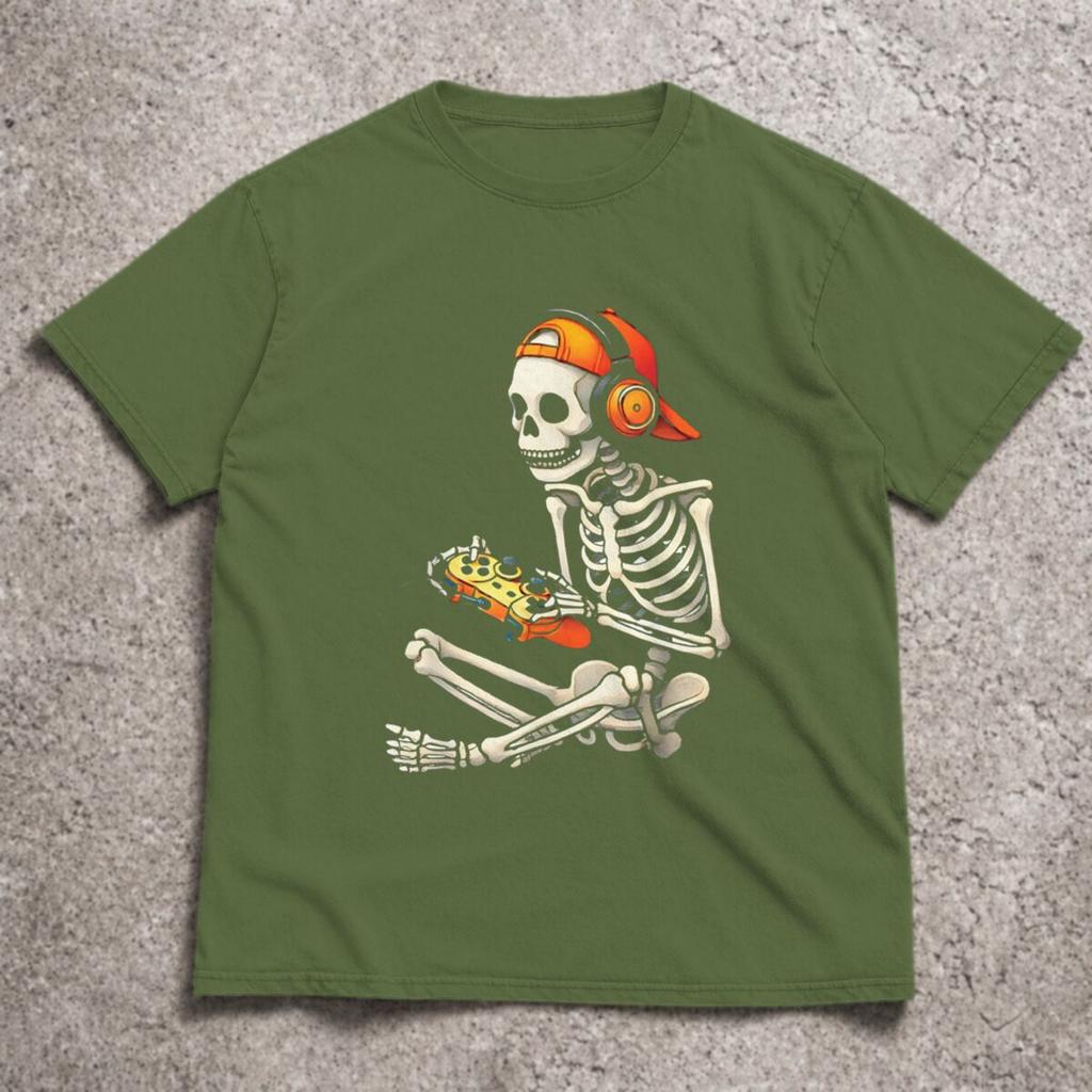Halloween Skelett Gamer T-Shirt Videospiel Jungen Unisex T-Shirts T-Shirt Klassische Coole T-Shirts Oberteile Runde Kurzarm T-Shirts Oberteile