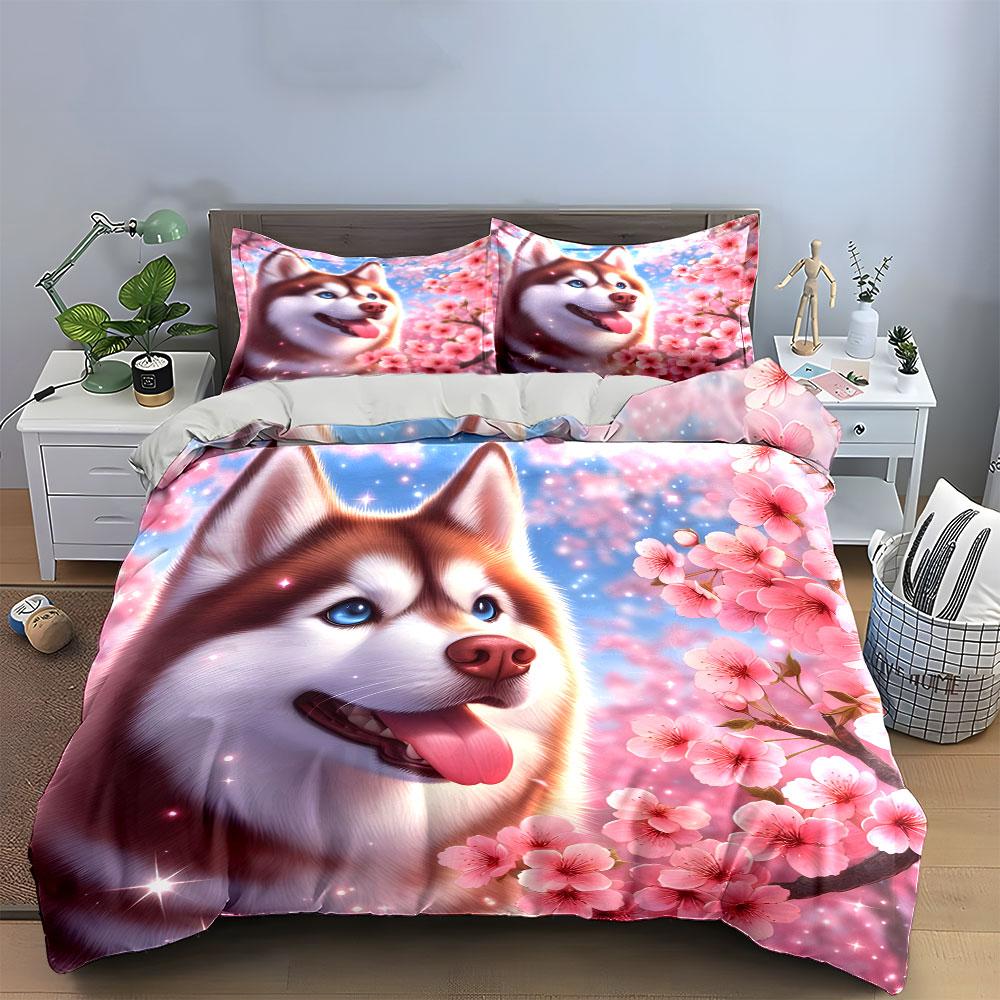 Adorable Red Husky With Cherry Blossoms 3Pcs Bedding Set Soft Microfiber Bedding Set For Dog Lovers & Spring Vibe Bedroom Decor