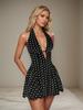 European & American Retro Black Polka Dot Sleeveless Halter Dress with Deep V-Neck & Open Back