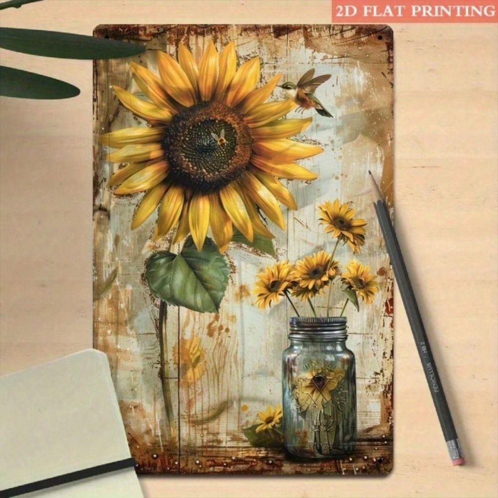 Tin Sign Sunflower Hummingbird Mason Jar Rustic Wall Art for Living Room