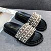 Fashion Big Size 33-44 Women Pearl Beaded Shoes Summer Tweed Slippers Flats Sandals Ladies Rivet Slippers Open Toe Slides Home Pantuflas