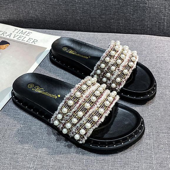 Fashion Big Size 33-44 Women Pearl Beaded Shoes Summer Tweed Slippers Flats Sandals Ladies Rivet Slippers Open Toe Slides Home Pantuflas