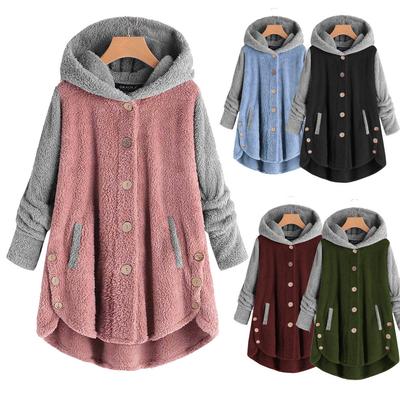 Damen Übergröße Fleecegefütterte Jacke Lässig Farbblock Plüsch Warm Niedlich Kapuzensweatshirt Locker Lammwollmantel für Damen