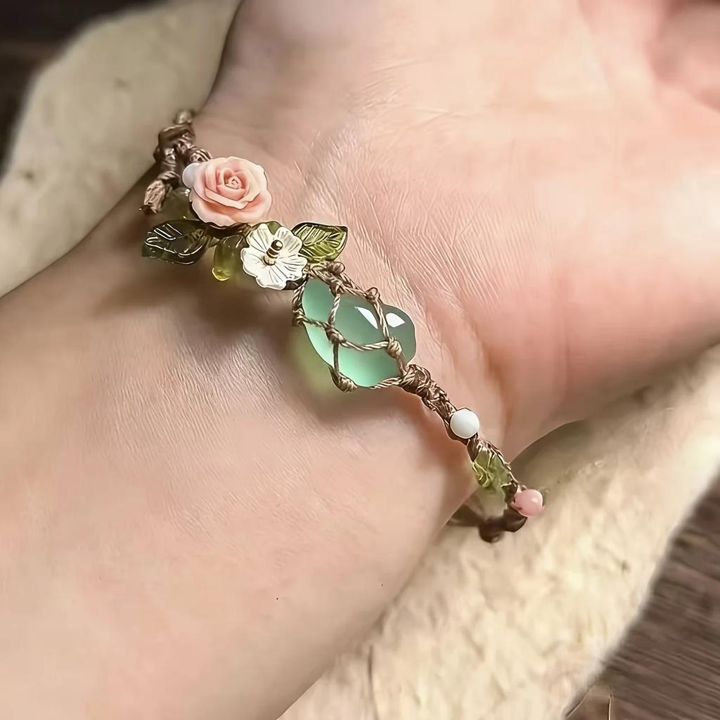 Vintage Brown Braided Bracelet with Pink Floral & Natural Green Crystals, Hemp Cord Accent