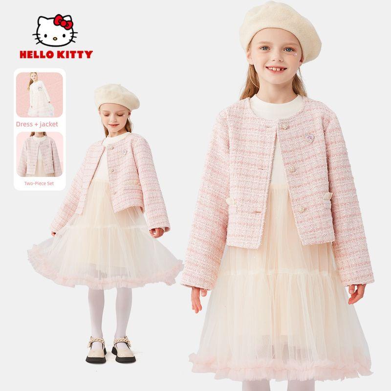 Hello Kitty Girls  Autumn Clothing 2024 New Stylish Two-Piece Set for School Children s Dress Set Pink [Dress + Tweed Jacket] 110 cm