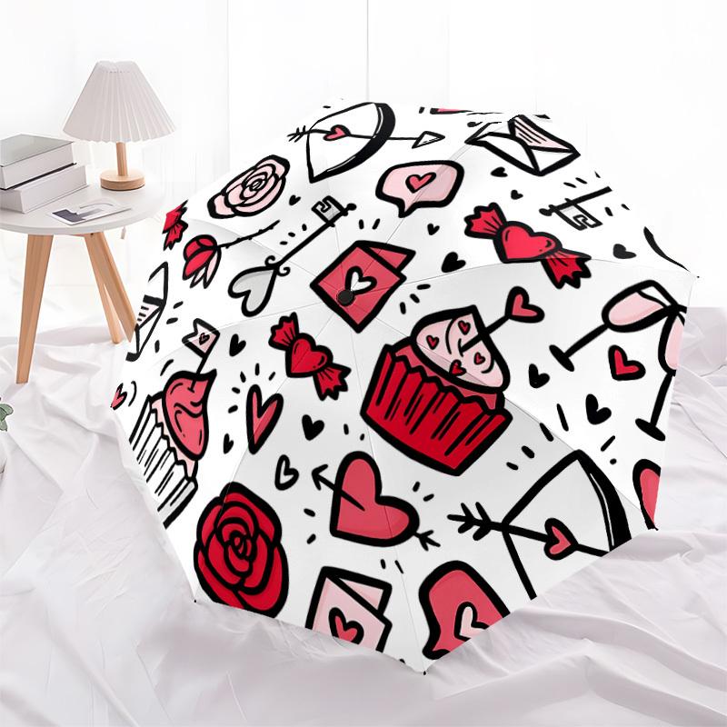 1pc Love Symbols Decorations Automatic Folding Umbrella - 8-Rib Iron Frame, Windproof, Portable Sunshade with Plastic Handle for Travel & Ou