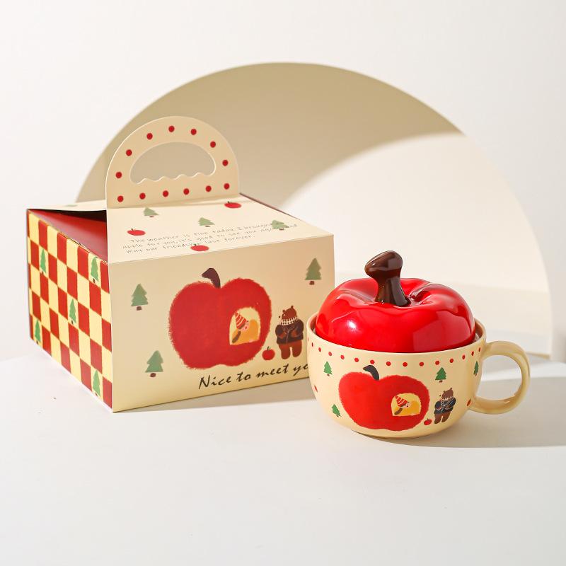 Creative Apple Ceramic Bowl High Value Spoon Instant Noodle Bowl Girls Girlfriend Souvenir Christmas Gift