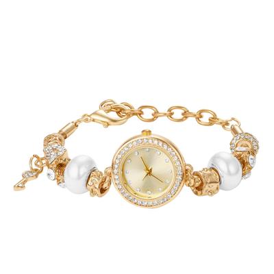 Sparkly Bracelet Cute and Stylish Analog Display with Pearl and Rhinestone Stainless Fashion Watch Perfect for or As a Gift for Her Women's Watch