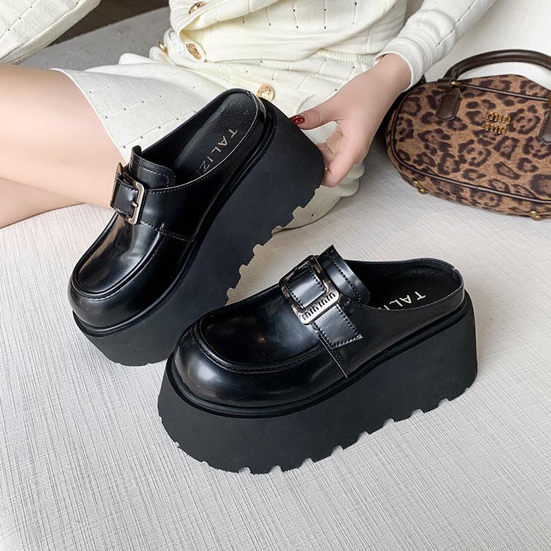 2025 spring and autumn new one-pedal slippers small man height increase black British style platform shoes trendy versatile small leather shoes