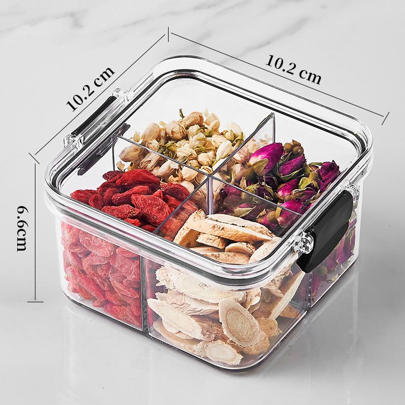 Floral Tea Box: Airtight 460ml Plastic Container with Four Compartments for Fresh, Food-Grade Storage.