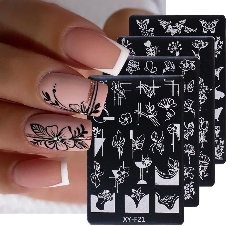 Simple Flowers Nail Art Stamping Plates Set 3D French Floral Butterfly Leaf Printing Template Plate Nail Stencils Manicure Tools
