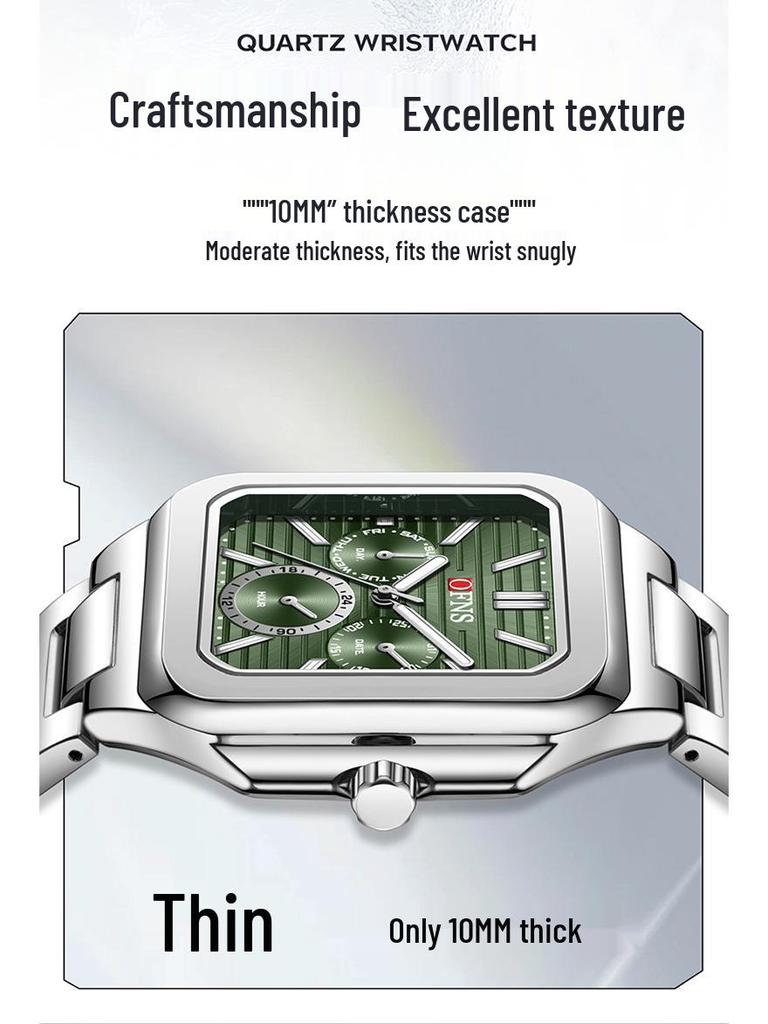OFNS Six-Hand Men's Square Quartz Watch: Luminous, Day-Date, 30M Waterproof, Silicone Steel Band, Hot Seller