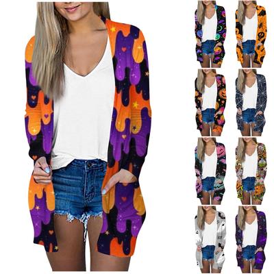 Women's Fashion Casual Halloween Print Medium Length Cardigan Jacket Coat