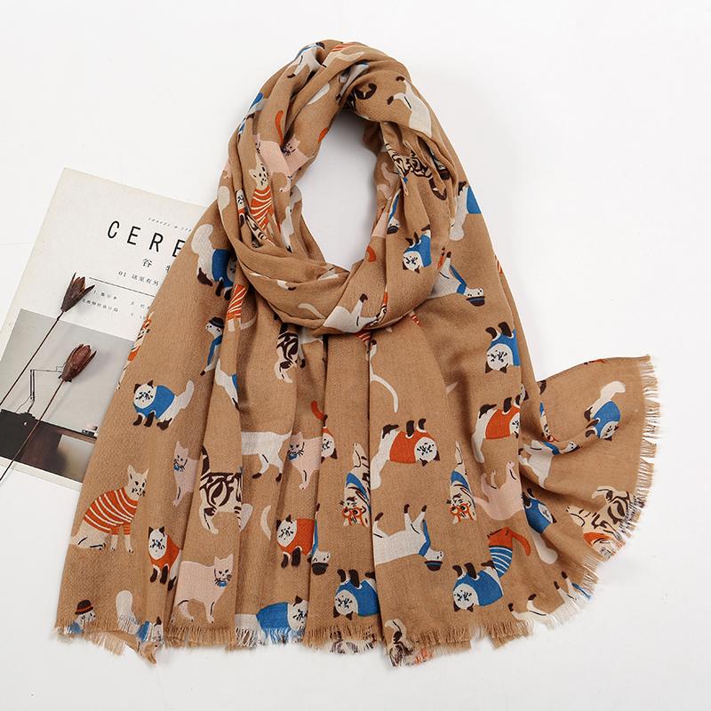 Women Printed Scarf Long Shawl Animal Luxury Designers Scarf Cute Cat Patterns Hijab Soft Viscose Hijab Women Floral Tippet