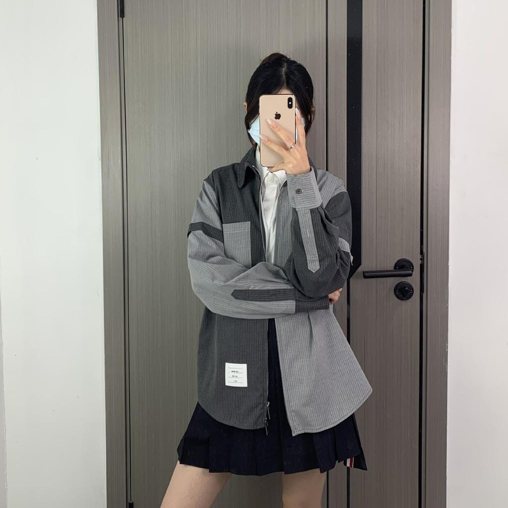 New TB women's shirt spring and autumn high-end casual versatile left and right color matching lapel zipper shirt jacket