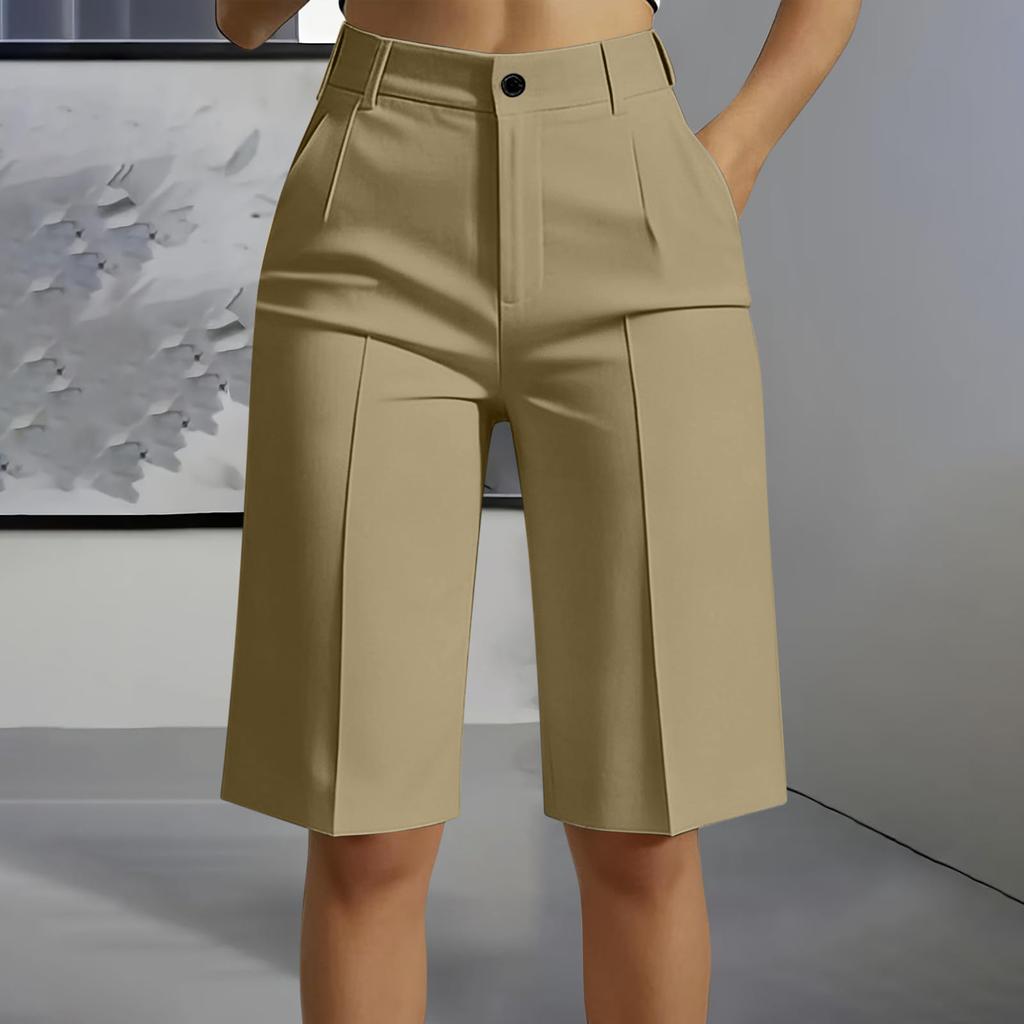 High Waist Straight Leg Bermuda Shorts for Women Casual Tailored Office Style Five Inch Length with Belt Loops and Front Pleats