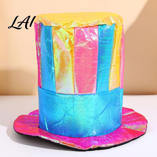 Leichte bequeme Cosplay-Hut Zauberer Zylinder Bunt Glänzend Breiter Rand Retro Gestreift für Erwachsene Halloween Kostüm Mardi Gras Party