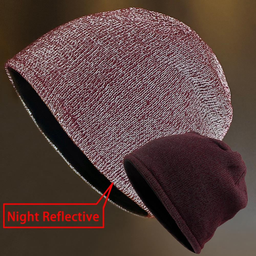 

Street Style Night Reflective Hat Solid Color Warm Warning Beanies Cap Fleece Lined Night Jogging Cap бордовый