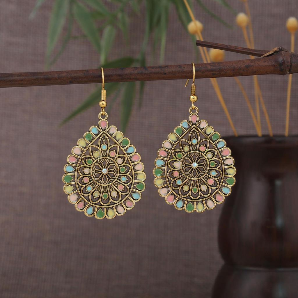 Turquoise Bohemian Owl Feather Tassel Earrings - Bronze Geometric Carved Design with Palm and Dreamcatcher Elements