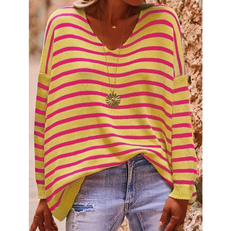 Women S V Neck Long Sleeve Striped Knit Pullover Sweater