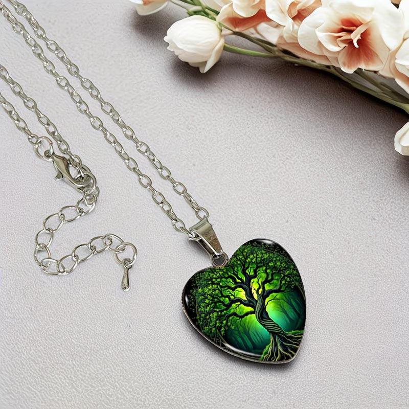 Tree of Life Heart Shaped Necklace Glass Pendant Handmade Men's Jewelry Unisex