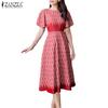 ZANZEA Women Casual Round Neck Loose Short Sleeve Print Dress Summer