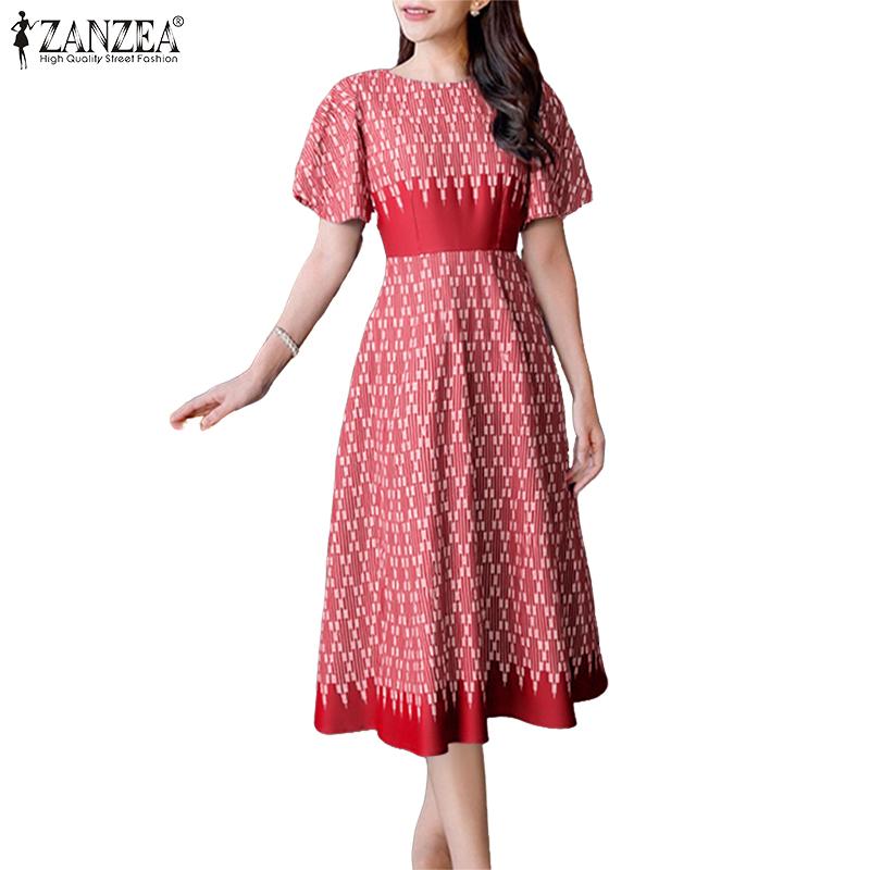 ZANZEA Women Casual Round Neck Loose Short Sleeve Print Dress Summer
