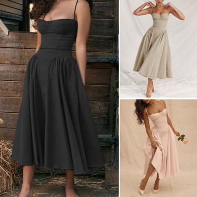 Women Dress Low-cut Spaghetti Strap Backless Sleevless A-line Big Swing Pure Color Slim Waist Pleated Cocktail
