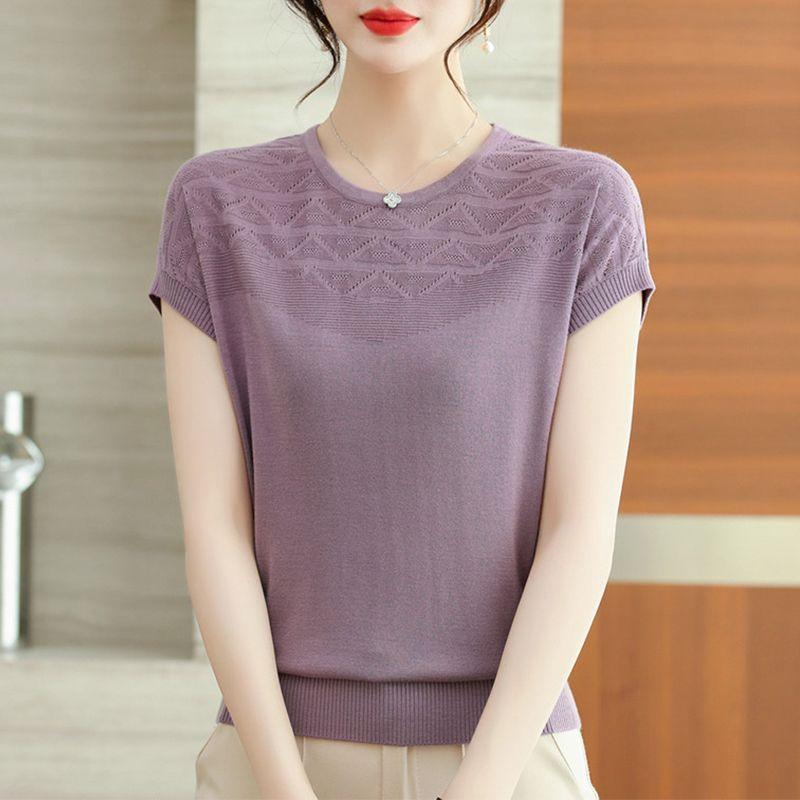 

Женская футболка Ice Silk Hollow с короткими рукавами, летний свободный топ для мам, стильный тонкий трикотажный свитер XL