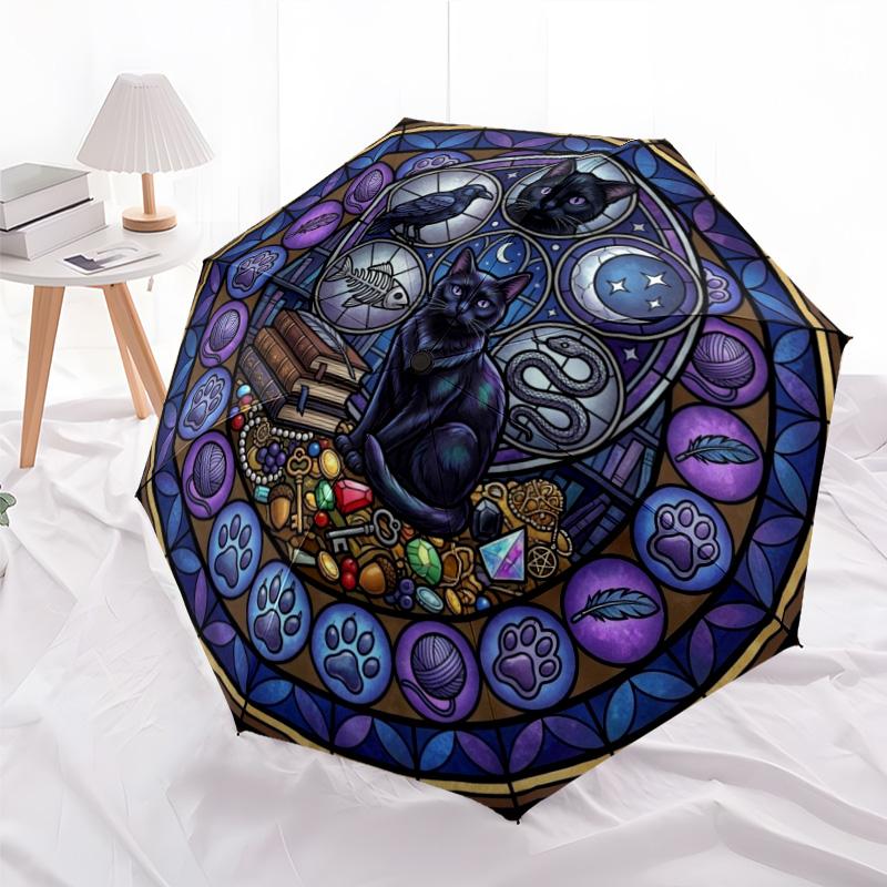 Mystical Cat Mandala pattern umbrella, portable and foldable design, 8 ribs, a casual accessory for Halloween, Christmas, and birthday gifts.