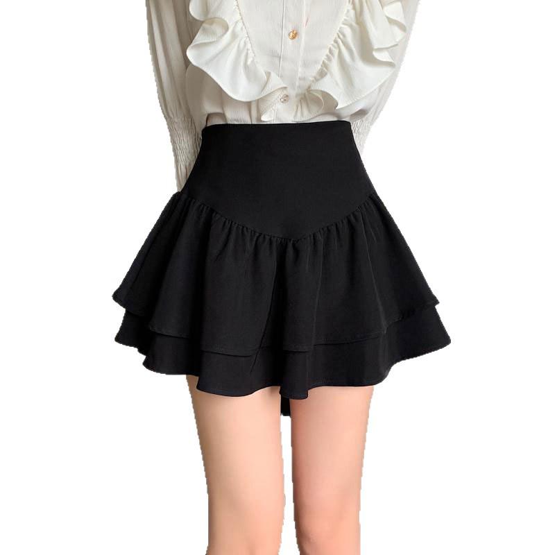 Hepburn Style Black Fluffy Half Skirt with Elastic Waist - Women's Plus Size Pleated Shorts
