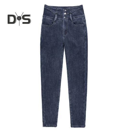 Women Winter Jeans High Waist Faux Fur Lining Slim Fit Button Closure Soft Warm Thick Solid Color Pockets Pencil Pants Lady Autumn Trousers