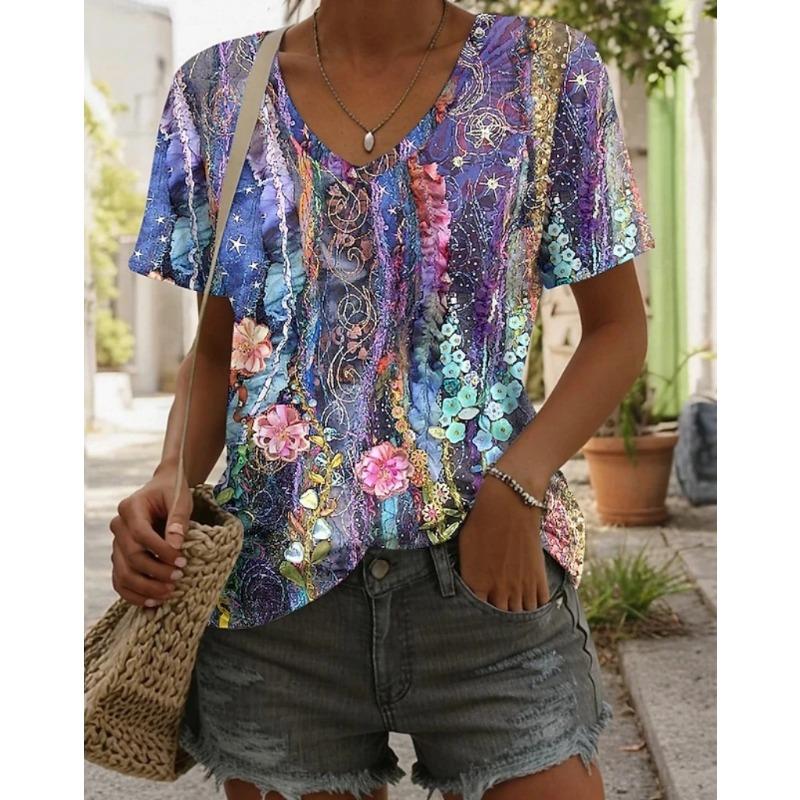 Summer V-neck 3D Vintage Floral Pattern Printed Top Fashionable Casual Colorful Short Sleeved Women's T-shirts