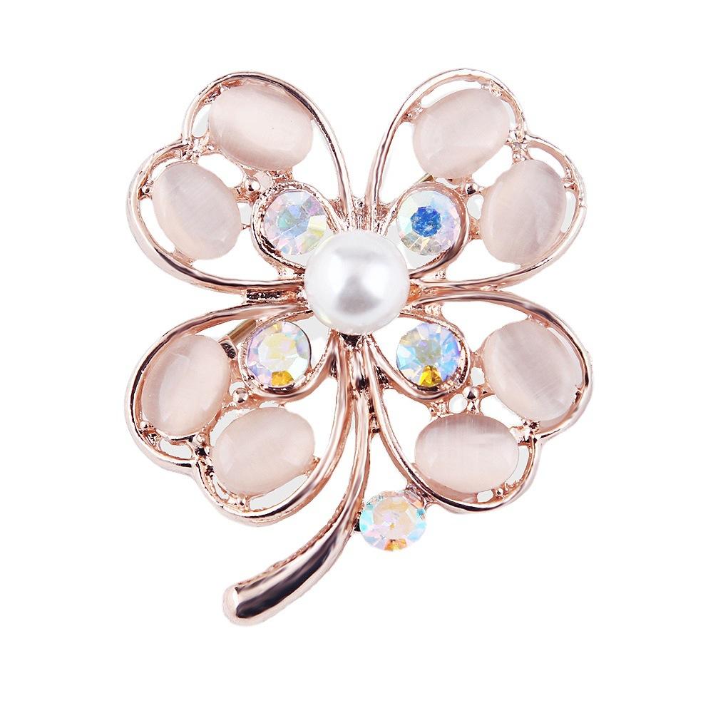 Fashion Colour Preservation Rose Gold Cat's Eye Stone Four-leaf Clover Rhinestone Pearl Brooch Pin Women's Clothing Accessories