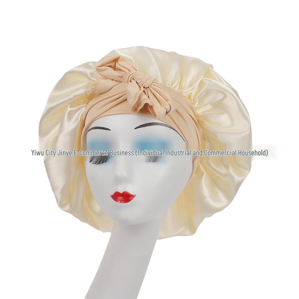 Satin Ribbon Round Silk Sleep Cap with Bowknot: Wide Brim Hair Care and Bath Hat