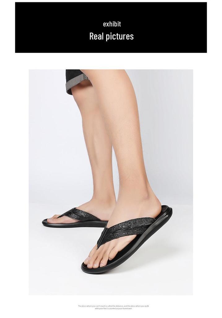 Men's Genuine Leather Toe Post Flip-Flops: Casual Embossed Summer Sandals