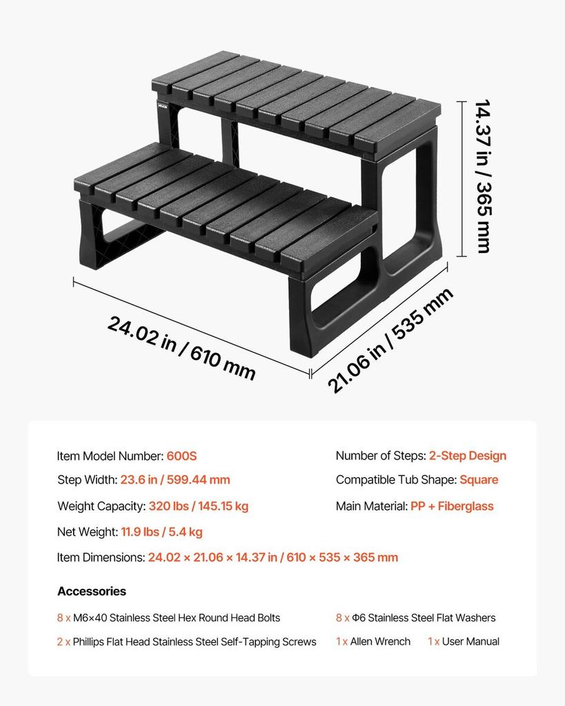 Hot Tub Step, 2-Step Spa Outdoor Stairs, Heavy Duty 599.5 mm Wide PP Above-Ground/Inflatable Pool Ladder with 145.2 kg Weight Capacity, Multi-Use for