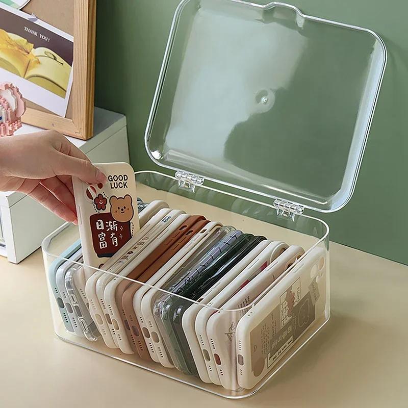 Hot Acrylic Phone Case Holder Sundries Storage Basket Ins Transparent Phone Case Organizer Storage Box with Cover Home Desktop