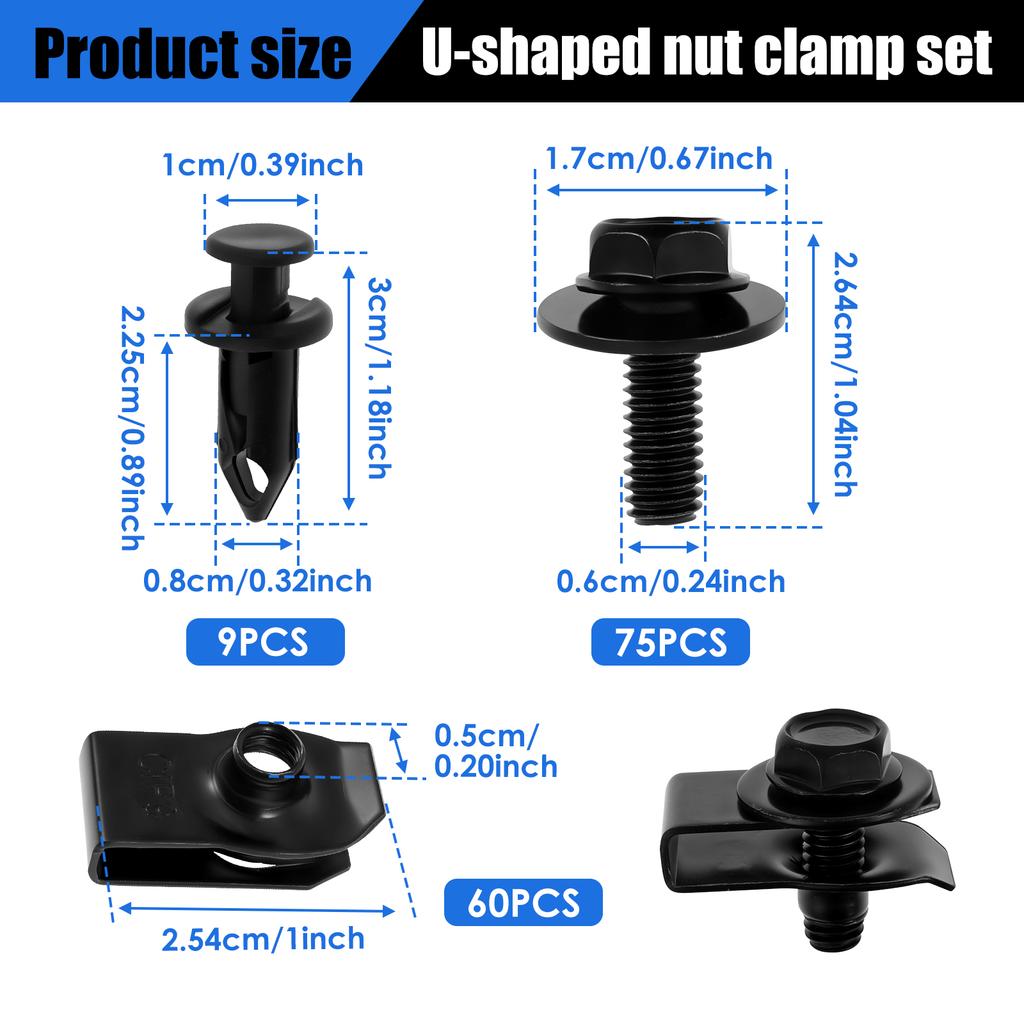 60pcs Body Fasteners Car Screws and Bolts Car Clips Plastic Rivet Fasteners Universal U-Nuts for Fender Engine Cover/Splash Shie