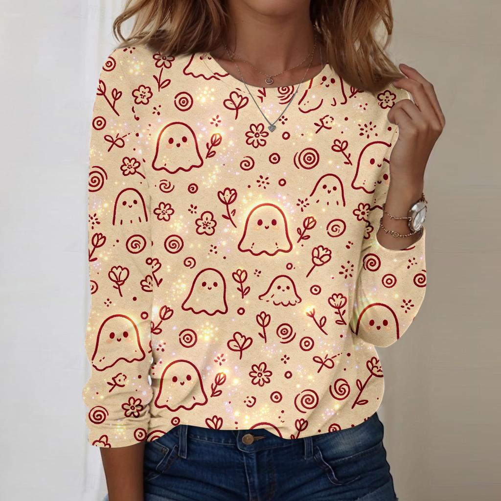 Women's Long Sleeve Casual Pullover Sweatshirt Halloween Printed Crewneck Top Lightweight Comfortable Fit for Everyday Wear