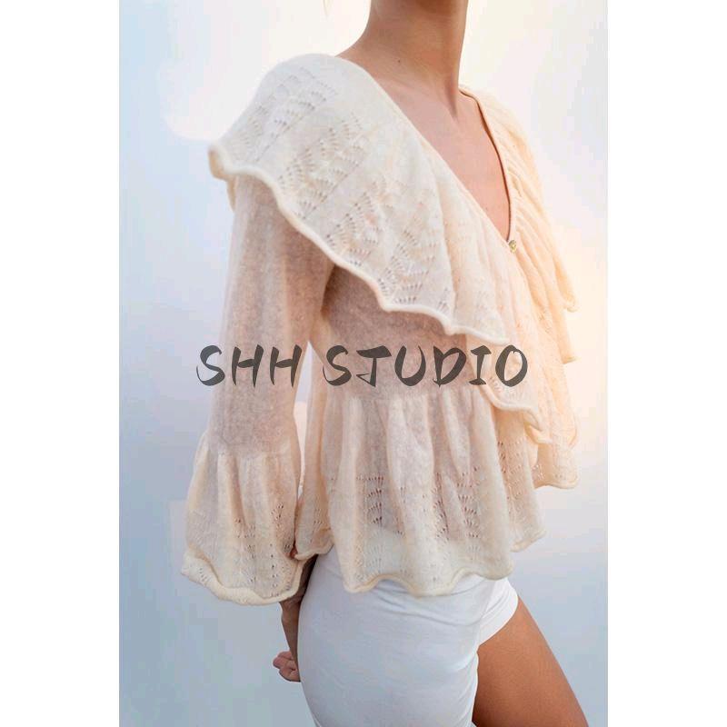 Spring New Women's Clothing Casual Style Laminated Decoration Elegant V-neck Simple Thin Knitwear 3456101