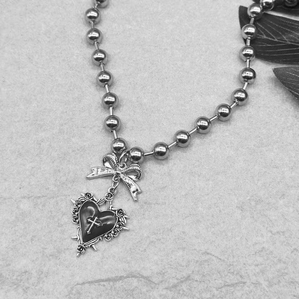 Y2k Subcultuur Zilverkleurig Strikje Rode Druipglazuur Doornig Hart Hanger Kralenketting Ketting voor Vrouwen Mannen Gotische Charm Sieraden