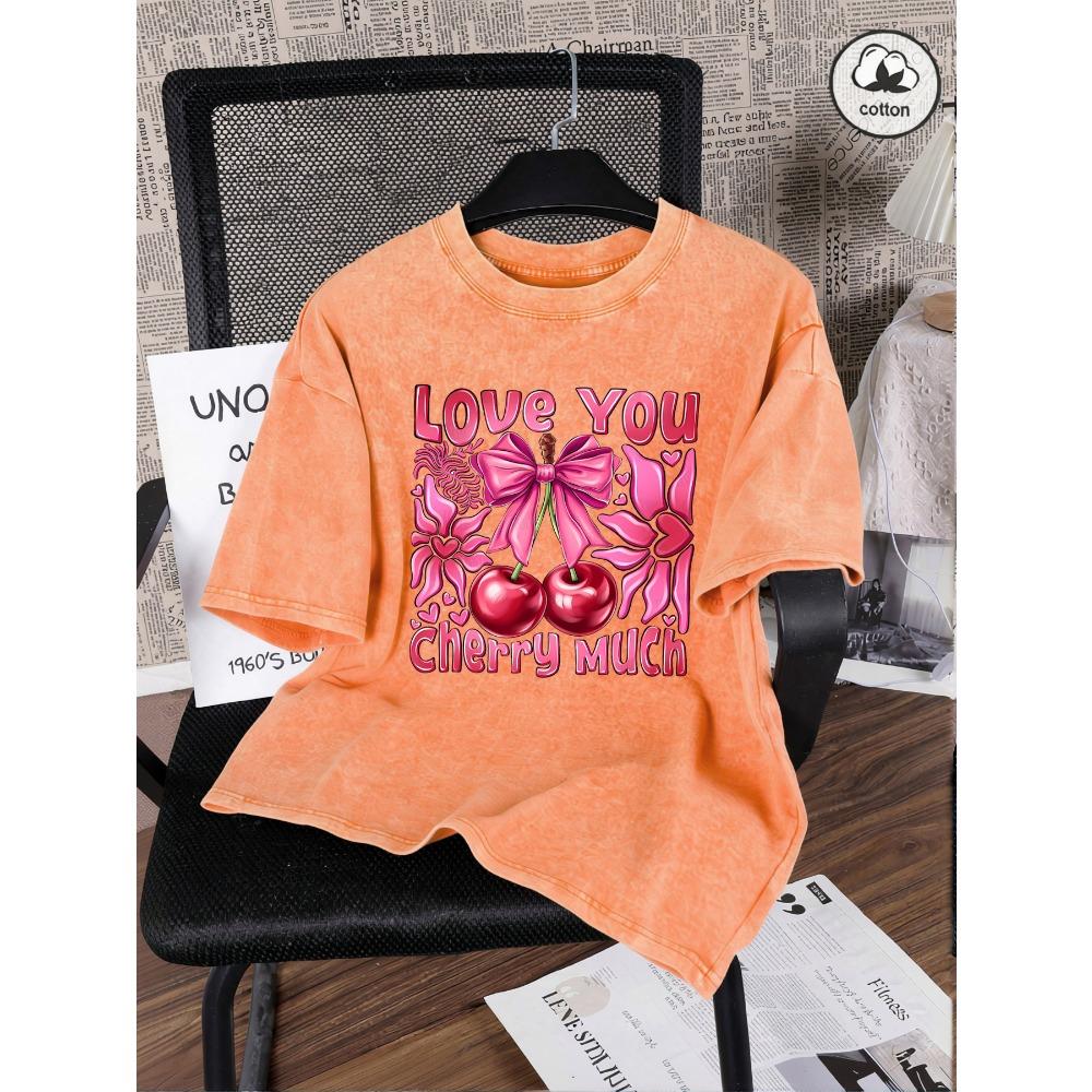 Love You Cherry Much Design Washed T-Shirt Women Summer Casual T Shirts Cotton Short Sleeves Unisex Oversized Streetwear