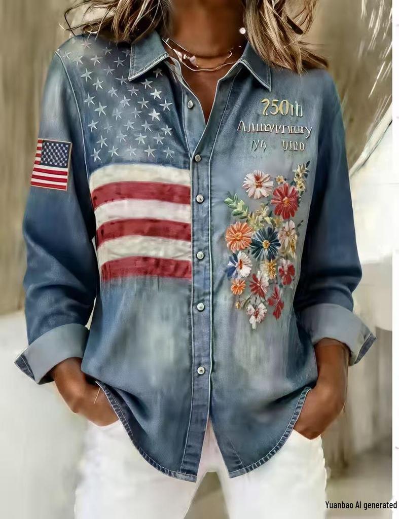 Spring 2026 Women's 3D Digital Print Retro Long Sleeve Shirt