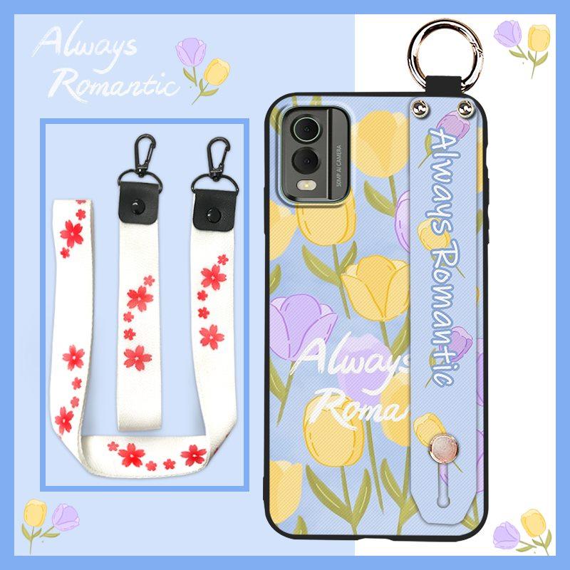 Waterproof Back Cover Phone Case For Nokia C32 Anti-dust Flower Kickstand Wrist Strap Phone Holder Shockproof Wristband