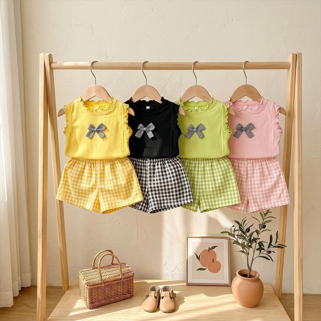 Girls Summer Sleeveless Ruffle Top And Bow Plaid Shorts 2 Piece Set Casual Outfit For Little Kids Home Or Outdoor Wear